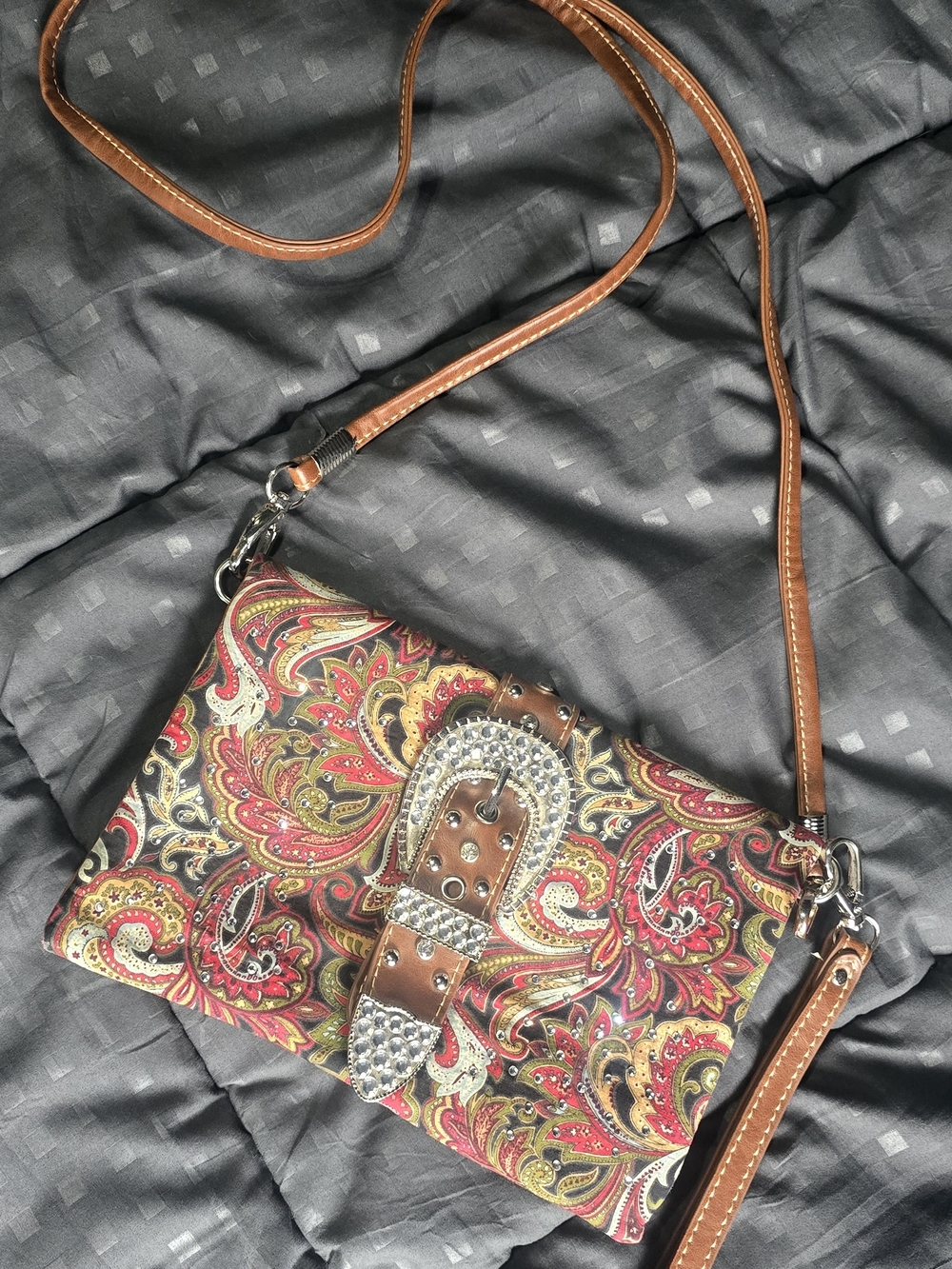 Rhinestone Buckle Paisley Crossbody Bag - Brown & Red Paisley